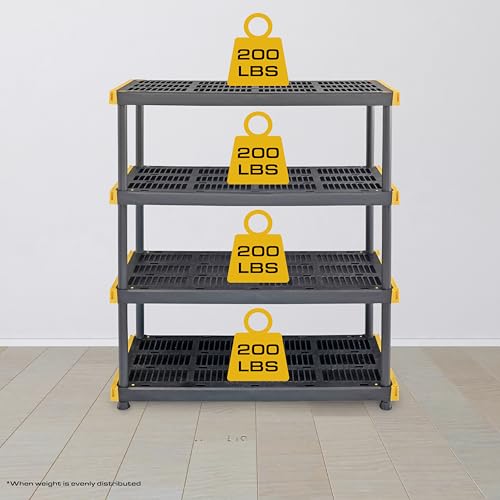 CX Black & Yellow, 4-Tier Heavy Duty Plastic Storage Shelves that Support up to 200lbs/shelf, Organization and Storage, Weather-Resistant Design, Easy Assembly (55"H x 48"W x 20"D)