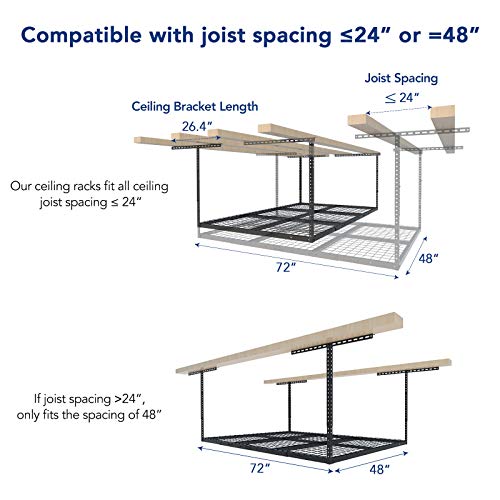 FLEXIMOUNTS 4x6 Overhead Garage Storage Adjustable Ceiling Rack 72" Length x 48" Width x 40" Height, 450lbs Weight Capacity, Black, Classic Series