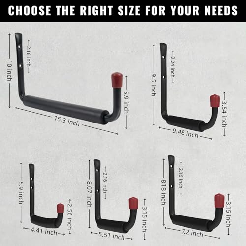 BRCRXW 6 Pack Garage Hooks Heavy Duty, 5.51 Inch Easy to Install Steel Ladder Storage Hooks, Wall Mount Organizer with EVA Pads for Kayaks, Bikes, Chairs, Tools