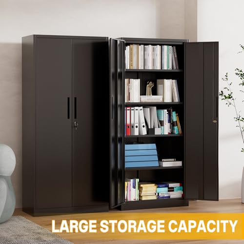 Reegangfa Metal Storage Cabinet with 2 Doors and 4 Adjustable Shelves, 71" Garage Storage Cabinet with Anti-Tipping Design, Lockable Garage Cabinets for Office, Home, Garage, Gym, School