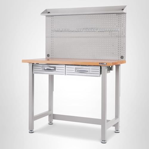 Seville Classics LED Lighted Pegboard Workcenter with 23 Peg Hook Assortment and Drawer Table, 48", Granite Gray