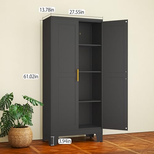 RISTERN Black Metal Storage Cabinet, 61" Steel Cabinets for Home Office, Kitchen Pantry Storage Cabinet with Doors and 3 Adjustable Shelves, Metal Tool Cabinet, for Office, Home, Garage, School