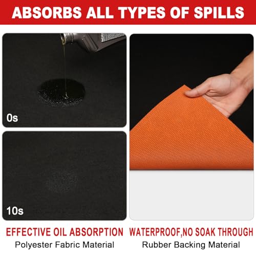 Golener Oil Spill Mat - Garage Floor Mat, Absorbent Oil Pad, Premium Maintenance Mat, Waterproof, Contain Liquid, Protect Floor from Spill & Stain, Reusable, Washable, Durable, 59”x72”, Black/Orange