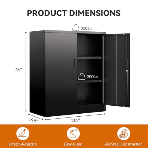 BESFUR Metal Storage Cabinet, Garage Storage Cabinet with 2 Adjustable Shelves, Locking Short Storage Cabinet for Office Garage Home, Black Metal Cabinets (36" H x 31.5" W x 16" D)