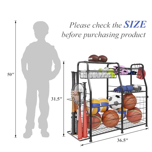 LUMAMU Small Garage Organizer - Sports Equipment Organizer Rack, Ball Storage Rack, Garage Organizer System for Sports Gear and Toys, Indoor/Outdoor Ball and Toy storage, Black