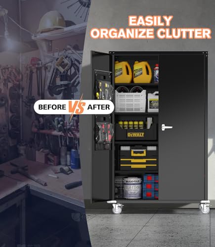 OREALLANDROL 72"x44"x22" Metal Garage Storage Cabinet with Wheels & Pegboards, Black Steel Locking Cabinet with 4 Adjustable Shelves, Rolling Tool for Garage, Basement, Home, Office