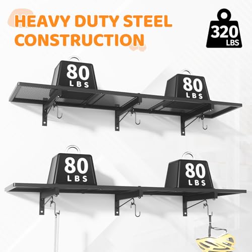 Mogbhw 2 Pack Garage Wall Shelving, 1x3.85ft Heavy Duty Garage Shelving Wall Mounted 320 lbs Load Capacity, Black Garage Storage Shelves Floating Shelves for Basement, Shop, Shed