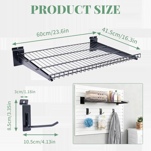 Noliven 4 Pack 23.6x16.3 Inch Slatwall Shelves, Carbon Steel Slat Wall Wire Shelf with 12 Hooks, 55 lbs Load Capacity Per Piece, Universal Slatwall Accessories for Retail, Garage, Home, Black