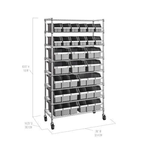 Seville Classics Heavy Duty NSF Bin Rack Solid Steel Wire Shelving Storage Unit, Patented Organizer for Garage, Warehouse, Office, Restaurant, Classroom, Kitchen, Gray, 8-Tier Includes 24 Bins