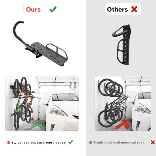 TORACK Wall-mounted Swivel Bike Rack, Garage Vertical Bike Storage Hangers for 5 Bikes Rotating Bike Storage Hooks