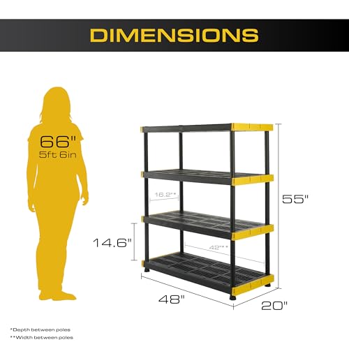CX Black & Yellow 4-Tier Heavy Duty Storage Shelves and 8 Heavy Duty Storage Bins with Lids, 4 Shelves that Support up to 200lbs/shelf + 27 Gallon Containers (8-Pack), Organization and Storage