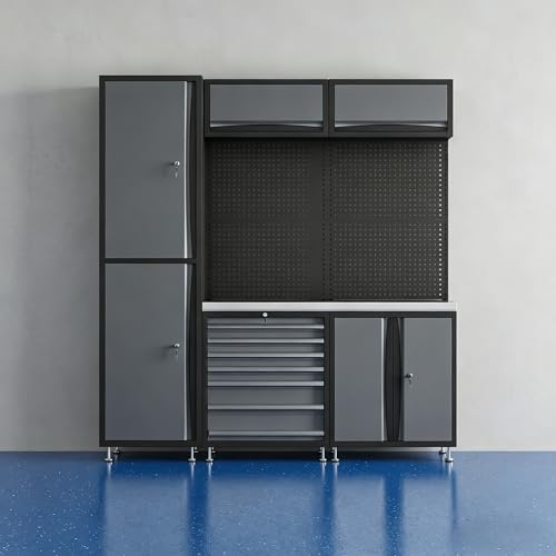 Heavy Duty Garage Storage Cabinet System 4/6/8/10-Piece, Modular Garage Cabinets with Workbench & Rolling Cart for Workshop Organization (grey, 6-pcs)