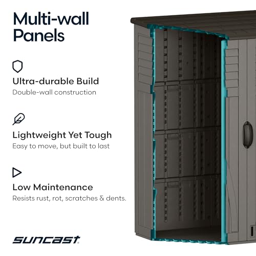 Suncast Outdoor Storage Cabinet Waterproof Resin Vertical Outdoor Storage Shed (54 cu. ft.) for Patio, Garden Tools, Cushions, & Equipment. Weatherproof Plastic Multi-Wall Design, Capacity Made in USA