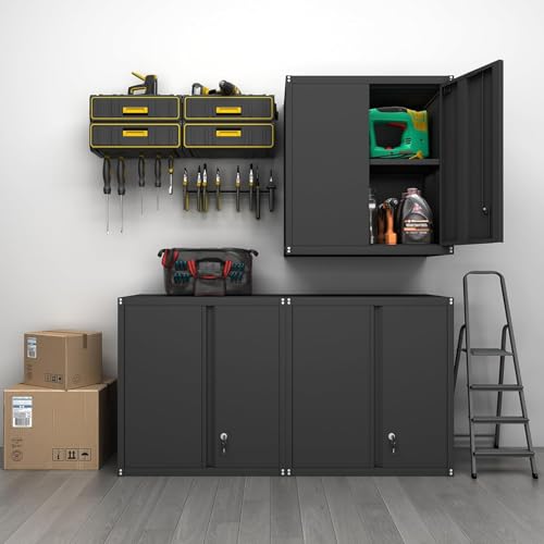 GREATMEET Locking Metal Wall Cabinets for Garage, Garage Cabinets Wall Mount, Steel Floating Hanging Storage Cabinet with Doors and Adjustable Shelf for Utility Room