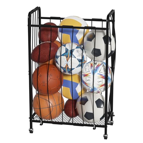 RAUMRIGGE Garage Ball Storage with Wheels, Ball Sports Organizer Storage Cart, Sports Equipment Organizer, Sports Ball Rack With Elastic Rope, Garage Organization Storage Rack, Ball Holder, Black