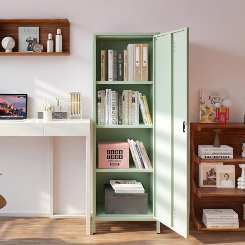 Epochsteele Metal Locker Storage Cabinets Lockable Single File Storage Cabinet with Door and Removable Shelves Kids Locker for School Gym Pantry Kitchen (Green)
