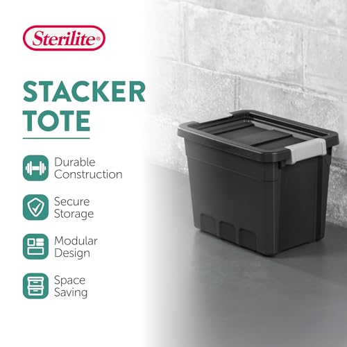 Sterilite 6-Pack 7.5 Gallon Stacker Tote, Rugged Plastic Storage for Home Organization, Black - Stackable Organizer Bins with Recessed Lid & Heavy-Duty Latches for Closet, Basement, Garage and Attic