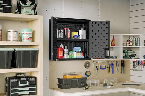 Suncast Wall Storage Cabinet for Garage Organization - 4 Cu. Ft. Wall Mounted Garage Cabinet with Shelf for Garden Supplies, Paint Cans & Outdoor Tools, Multi-Wall Resin Construction, Black