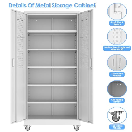 SUXXAN Metal Garage Storage Cabinet with Wheels and Pegboard 71'' x 34'' x 18'', Lockable Rolling Steel Cabinet with 5 Adjustable Shelves and Door for Garage, Office, Kitchen, Assembly Required