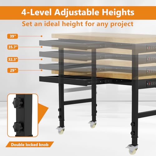 Pelnuies 48" Heavy Duty Work Bench with Drawers, Adjustable Height Workbench with Wheels, 2000 LBS Capacity Work Table with Power Outlets for Garage, Workshop, Office, Home