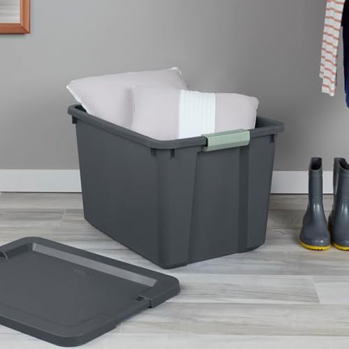 Sterilite 12 Pack 20 Gallon Latch Tote, Stackable Plastic Storage Bin Container, Gray/Green