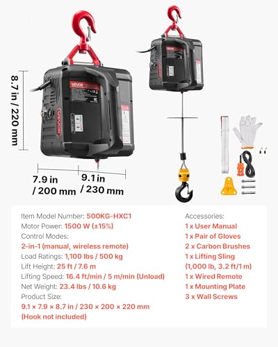 VEVOR 2-in-1 Electric Hoist Winch, 1100 lbs Capacity, 1500W Portable Power Winch Crane, 25 ft Lifting Height, 16.4 ft/min with Manual and Wired Remote Control for Factory, Warehouss, Garage
