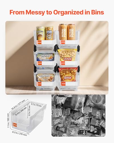 VEVOR Plastic Stackable Storage Bins, 14.8 x 8.5 x 7.1 inch (6 Pack), Plastic Containers for Organizing & Storage Bins for Closet, Garage, Small Parts, Office Supplies, Other Accessories, Transparent