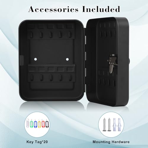 KYODOLED 20 Key Storage Lock Box with Code, Key Cabinet Organizer Wall Mount with Combination Lock, Hooks & Labels for Home, Office & Rental Properties, 7.87 x 6.3 x 3.14 in, Black