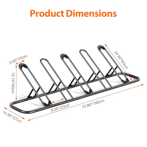 Mr IRONSTONE Floor Bike Rack for Garage, Indoor/Outdoor Storage Stand, Bicycle Parking Rack for Mountain, Road and Kids Bikes (Black, 5-Slot)