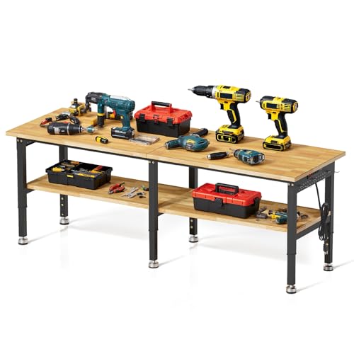 96” Adjustable Work Bench, 2-Layer Heavy Duty Workbench, 6000 LBS Capacity Workbench with Pegboard & Power Outlet, Rubber Wood Work Table for Garage, Office, Workshop, Home