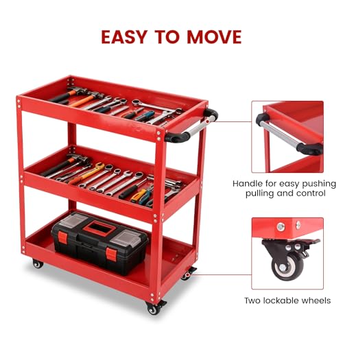 DEGEDUN 3-Tier Utility Cart, 330 Lbs Load Capacity, Heavy Duty Rolling Tool Cart with Wheels, Red Steel Service Cart for Workshop and Garage Storage
