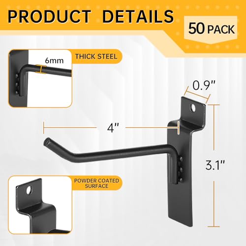SINCHEEWAY 50 Pack Slatwall Hooks, Slatwall Accessory for Hanging, Slat Board Hook for Garage, Retail, Home, and Shop Display (Black, 4 Inch)