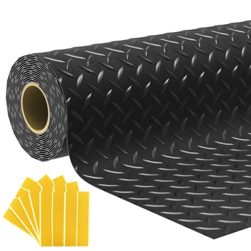 7.5x25 FT Garage Floor Mat, 2.8mm Thickened Flooring Roll Under Car Mat with 20Pcs Tapes, Diamond Plate, Non-Slip Floor Protector Mat for Trailer, Garage, Warehouse, Gyms, Trailer, Matte Black