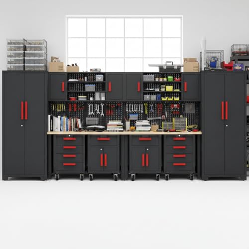 Tsnritor Garage Storage Cabinet System, 12PCS Garage Cabinets and Storage System Kit Workshop Set with Steel Cabinet, Cabinet Drawers, Workbench, Red Handle