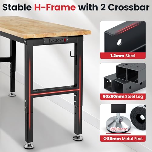 ENJOYWOOD 60" Adjustable Workbench, 1.2" Rubber Wood Top Heavy Duty Workstation, 2500 LBS Load Capacity Hardwood Work Table with Power Outlets & Pegboard, for Garage, Workshop & Home