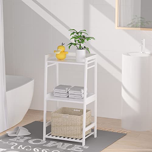 POXAKA 3 Tier Bamboo Bathroom Shelves, Ladder Shelf for Storage, Rustic Home Organizer, Space-Saving Design, Stylish Display Nightstand, Stylish Storage Solution for Home, Living Room, Kitchen
