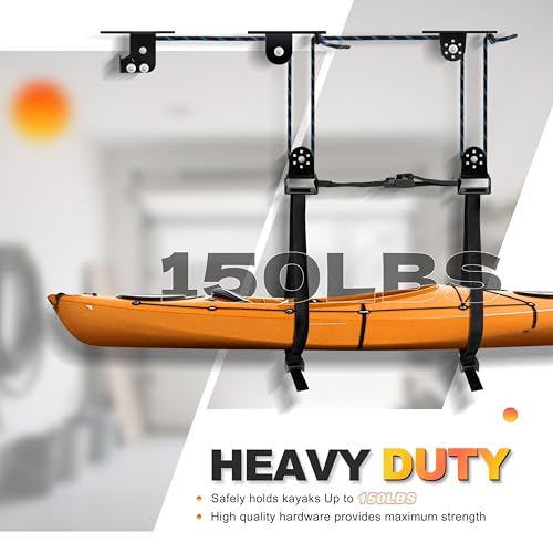 Hikeen Kayak Hoist for Garage Ceiling, Heavy Duty Kayak Pulley System, Hold Up to 150 lbs Capacity, Cargo Box Storage, Garage Organization Lift System Fit 10-14 Foot Ceilings