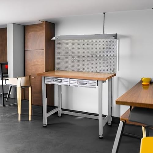 Seville Classics LED Lighted Pegboard Workcenter with 23 Peg Hook Assortment and Drawer Table, 48", Granite Gray