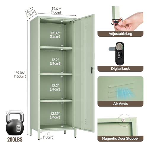Steehoom Locker Cabinet, 59.06" H Green Metal Locker Storage Cabinet for Employees with Locking Door and 2 Shelves Kids Locker Tool File Cabinets for Garage