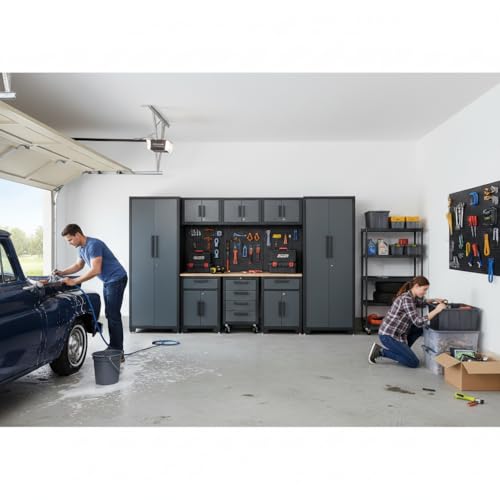 Tsnritor Garage Storage Cabinet System, 9-Pcs Garage Cabinets and Storage System Corner Workshop Set with Corner Cabinet, Cabinet Drawers, Workbench, Pegboard for Tool Organization, Black and Grey