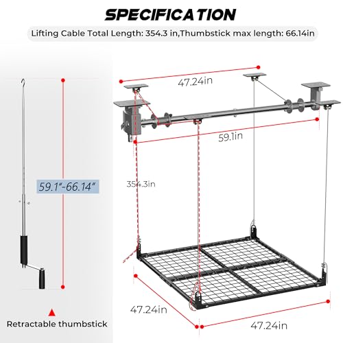 YOHKOH 4x4 Ft Overhead Garage Storage Rack with Lifting, 400lbs Garage Storage Lift for Ceiling, 59.1'' Axle Heavy-Duty Metal Garage Ceiling Rack, Black
