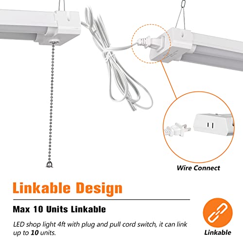 OOOLED 4FT Linkable LED Shop Light for Garages, 42W 4800LM 5000K Daylight Led Shop Lights, Ceiling Light with Pull Chain (ON/Off), Linear Worklight Fixture with Plug, 2 Pack