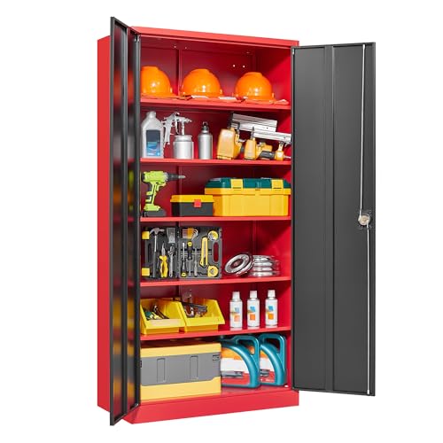 Letaya Metal Storage Cabinets with Lock, 71" Tall Locker Organizer Steel Cabinets, Adjustable Shelves 2 Doors for Home, Office, Warehouse,Garage,Industrial,Employee Lockers (Style B, Black Red)