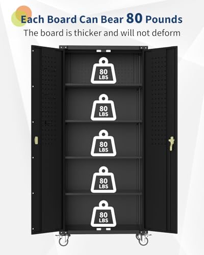 72-Inch H Black Metal Garage Storage Cabinet with Wheels & Pegboard, Locking 2-Door Rolling Storage Cabinet with 4 Adjustable Shelves for Garage, Workshop & Home Office