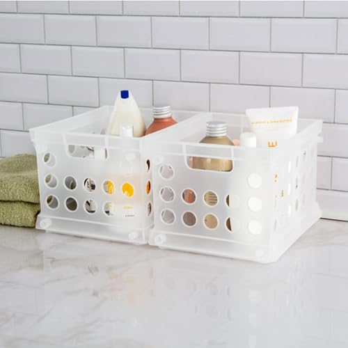 Sterilite Mini Crate, Stackable Plastic Storage Bin with Handles, Organize Home, Garage, Office, School, Dorm Room, Clear, 36-Pack