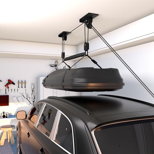 KOSEOO Cargo Box Pulley System for Garage Storage, Heavy-Duty Kayak/Canoes/Bikes/Ladders Ceiling Hoist, Hold Up to 150 lbs Capacity, Fit 10-18 Foot Ceilings, Black