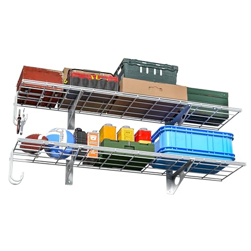 EVERHANGER Garage Wall Shelves, 12 X 48 Inch Wall Mounted Storage Shelves, Heavy Duty Metal Shelving with Hooks, 2 Pack, White