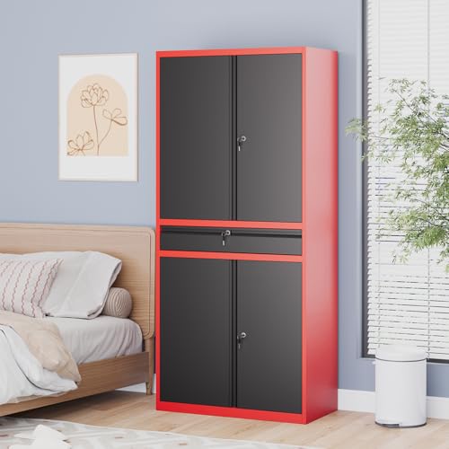 LISSIMO Metal Garage Storage Cabinet with Locking Doors and Drawer, 71" Steel Tool Storage Cabinet with Adjustable Shelves for Garage,Office,Warehouse (Red Black)
