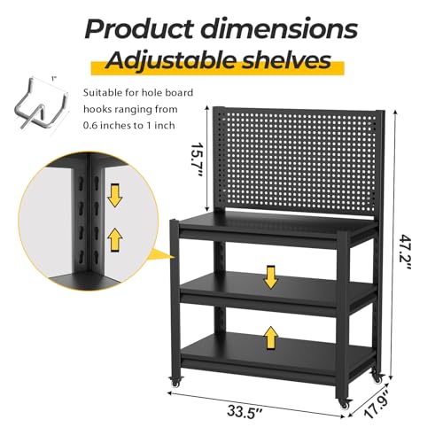 Work Bench with Pegboard,Heavy Duty Workbench with Wheels Adjustable Shelves,Tool Cart,Work Table for Garage Warehouse47.2 H*33.46" W*18" D