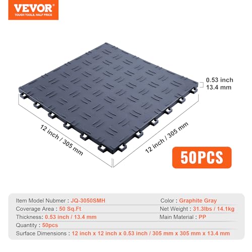 VEVOR Garage Floor Tiles 12 x 12 x 0.53 inch, Interlocking Design Ease of Installation Double-Sided Texture Non-Slip Sturdiness, for Garages, Basements, Repair Shops, Graphite Gray, 50 Pack